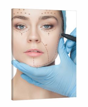 Beautiful young woman with perforation lines on her face before plastic surgery operation.