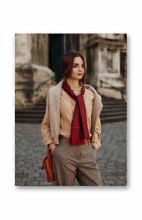 Fashion Clothes. Beautiful Woman In Fashionable Clothing Outdoor