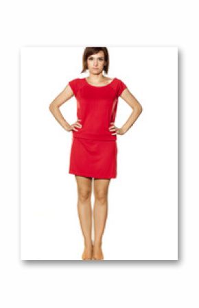 full figure of middle aged woman in short red dress. front view