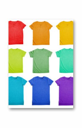 Collection of colorful t-shirts on white background