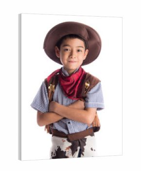 Little boy in cowboy costume on white background