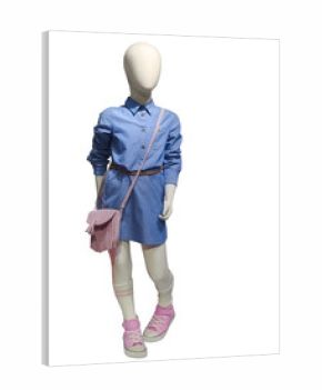 Child mannequin wearing blue dress.