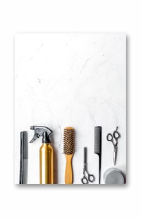 hairdressing concept with barber tools on white background top view mockup