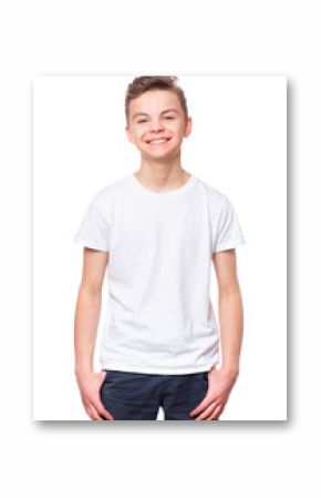 White t-shirt on teen boy. Handsome caucasian smiling child, isolated on a white background. Concept of childhood and fashion or advertisement design. Mock up template for design print.