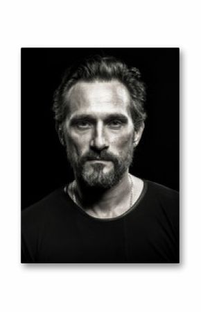 Monochrome portrait of strong mature beardy man. Male with severe look on his face.