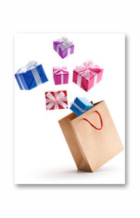 Gift boxes pop out from shopping bag