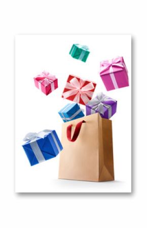 Gift boxes pop out from paper bag isolated on white background