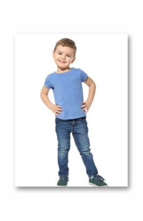 Cute kindergarten boy on white background