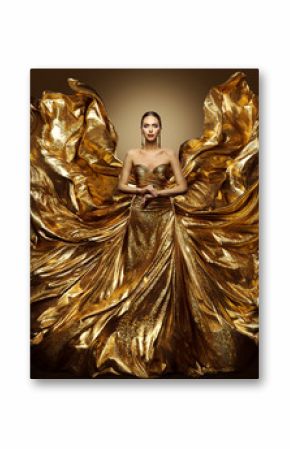 Gold Woman Flying Dress, Fashion Model in Waving Golden Gown, Fluttering Fabric Fly like Wings, Art Beauty Portrait