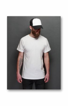 Hipster handsome male model with beard wearing white blank t-shirt and a baseball cap with space for your logo or design in casual urban style