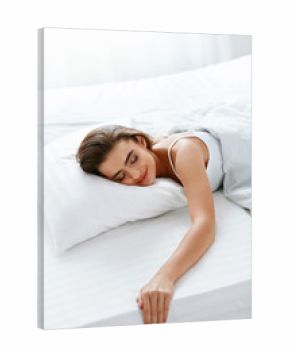 Soft Pillow. Female Sleeping In Bed On White Bedding
