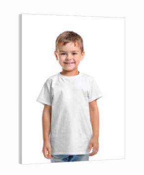 Little boy in t-shirt on white background. Mockup for design