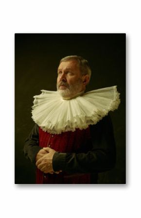 Official portrait of historical governor from the golden age with corrugated round collar. Studio shot against dark wall.