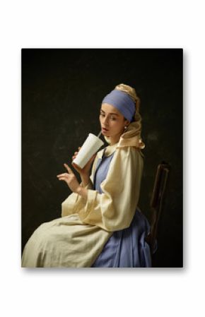 Medieval Woman in Historical Costume Wearing Corset Dress and Bonnet. Beautiful peasant girl wearing thrush costume with Coca Cola