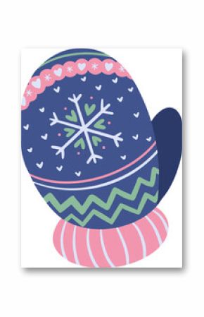 Flat design mitten showing navy blue with pink cuff and snowflake motif on transparent background