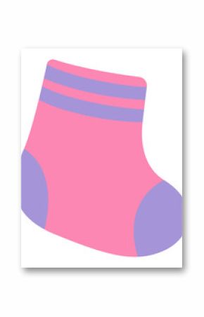 Cartoon sock is floating, showing pink with purple cuff stripes on transparent background