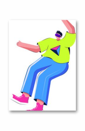 Person is floating in flat design with vr headset prism logo and pink shoes transparent background