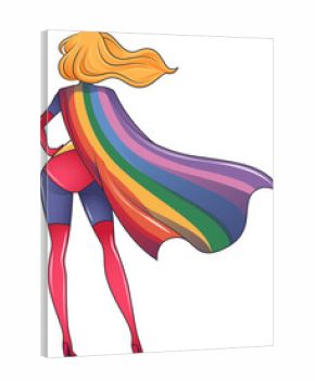Cartoon-style superwoman is standing on transparent background, with rainbow-striped cape flowing