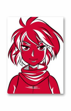 Anime-style bust is being shown on transparent canvas, wearing high-collar jacket and wrapped scarf