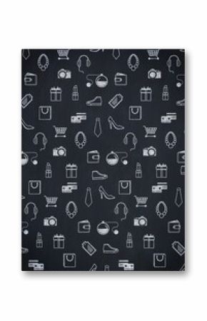 Repeating grid is showing chalk-like line art shopping icons in white on dark slate background