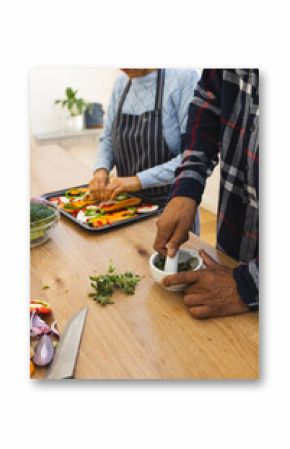 Midsection of diverse senior couple preparing healthy meal with vegetables in kitchen