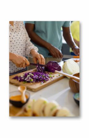 At home, Chopping purple cabbage, senior friends preparing meal together in kitchen