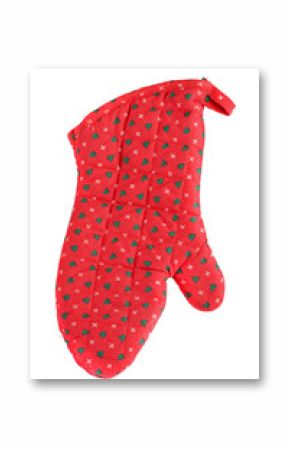 Bright red christmas oven glove with tree decorations
