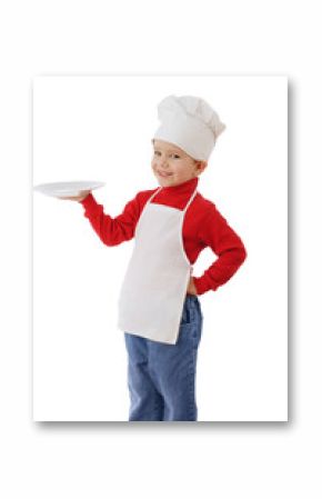 Little smiling cooker with empty dish, isolated on white