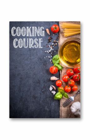 Cooking ingredients on blank dark board with cooking course sign