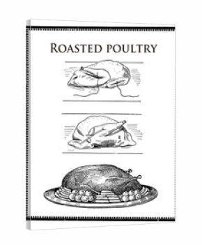 Kitchen of the past, food engraving collage, poultry preparation and table presentation