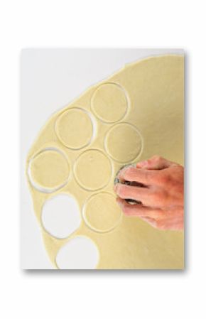 Man hands making dumplings with meat