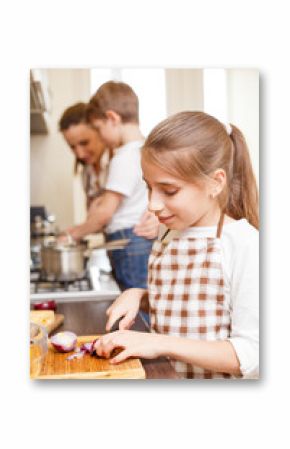 Family cooking. Mum and children in the kitchen