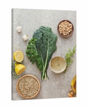 Lentil, chickpea and kale soup or stew, ingredients. 