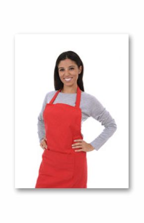 corporate portrait of young attractive hispanic home cook woman in red apron posing happy and smiling isolated
