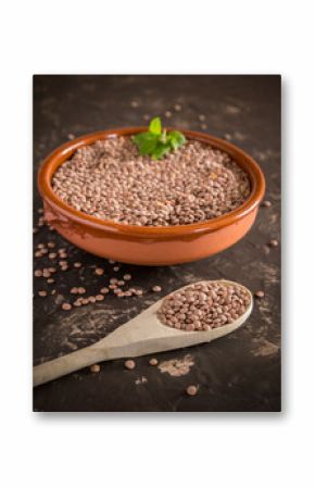 uncooked lentils in a bowl and wooden spoon over black stone. Selective focus
