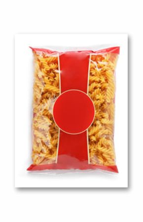 Uncooked fusilli pasta in plastic bag on white background, top view