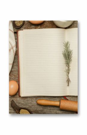Blank cookbook with some ingredients on the wooden table, top view, rustic style