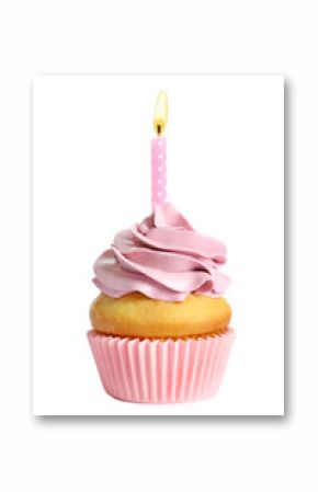 Delicious birthday cupcake with candle on white background