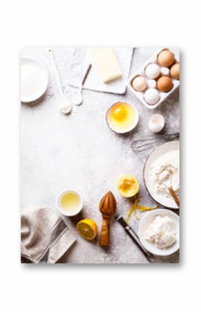  Baking background. Food accessories. Ingredients variety  for cooking dough.Concept Recipe cake of a lemon and pie. Top View. Flat Lay. Copy space for Text.