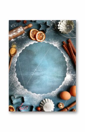 Food background with ingredients and props for baking.Top view with copy space.