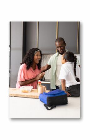 African American family in kitchen, smiling and preparing lunch together at home