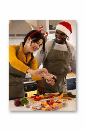 Christmas time, multiracial couple cooking together, preparing holiday meal, at home