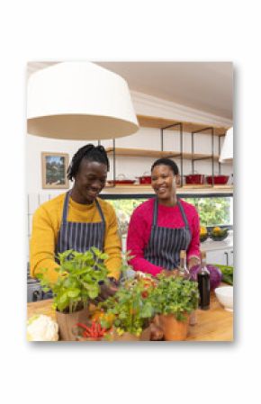 Happy african american couple preparing meal in kitchen