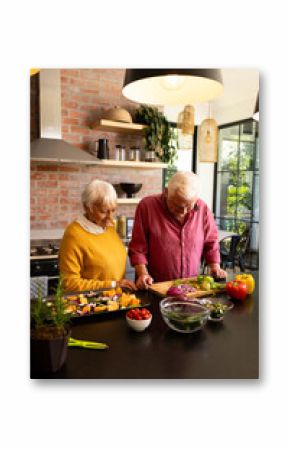 Happy caucasian senior couple preparing chopped vegetables in sunny kitchen, copy space