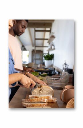 A diverse couple is preparing meal together in a modern kitchen