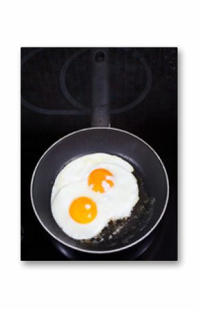 two prepared fried eggs in frying pan