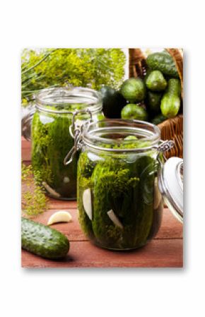 Homemade pickles in brine with garlic, dill and horseradish