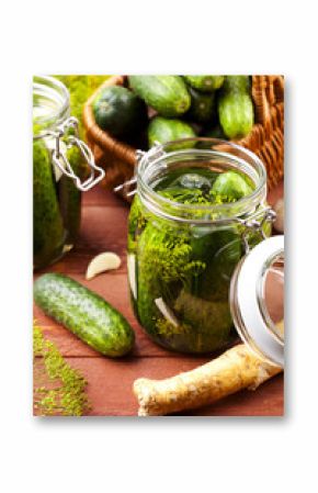 Homemade pickles in brine with garlic, dill and horseradish