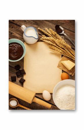 Baking chocolate cake - ingredients and blank paper - background