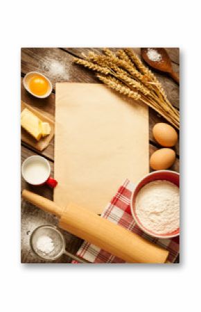 Rural kitchen baking cake ingredients and blank paper